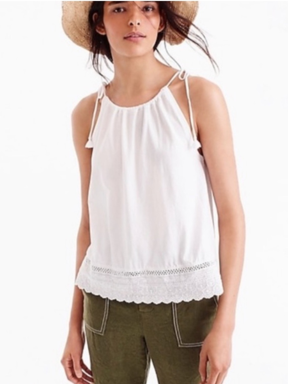 J. Crew White Tie-Shoulder Eyelet Hem Camisole